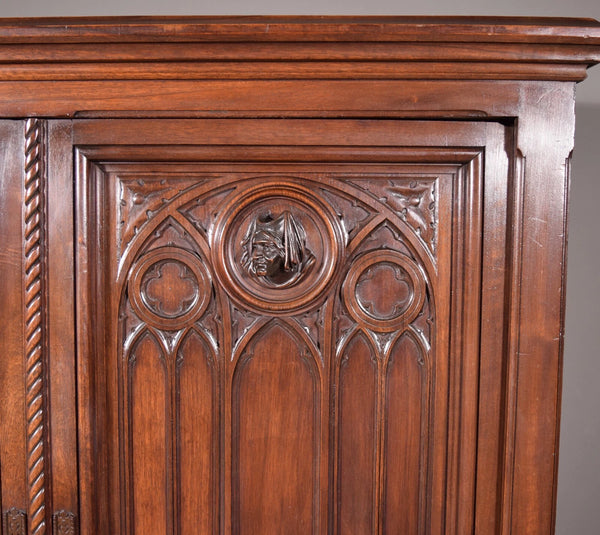 Large Antique French Gothic Revival Cabinet Highly Carved in Walnut Wood