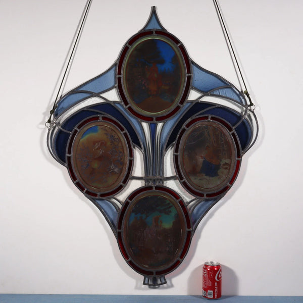 38" Tall Large Antique French Art Nouveau Stained/Leaded Glass Panel 4 Seasons