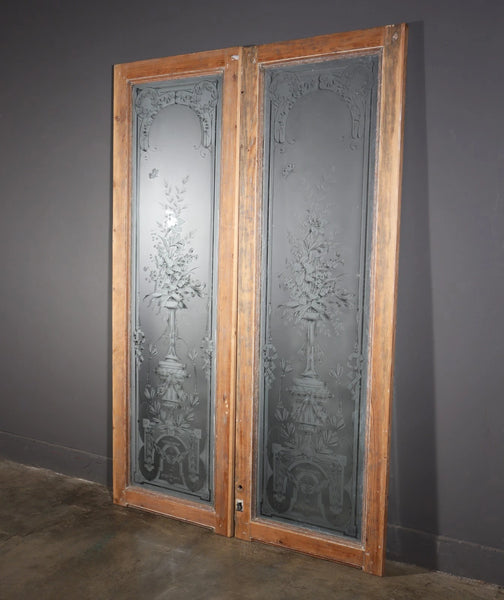88" Tall Pair of Antique French Etched Glass Windows Frosted Glass with Flowers