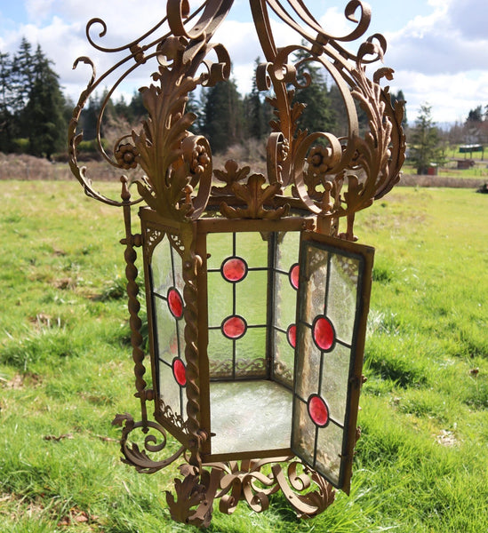 36" Tall XL French Antique Iron and Stained Glass Hanging Chandelier/Lamp
