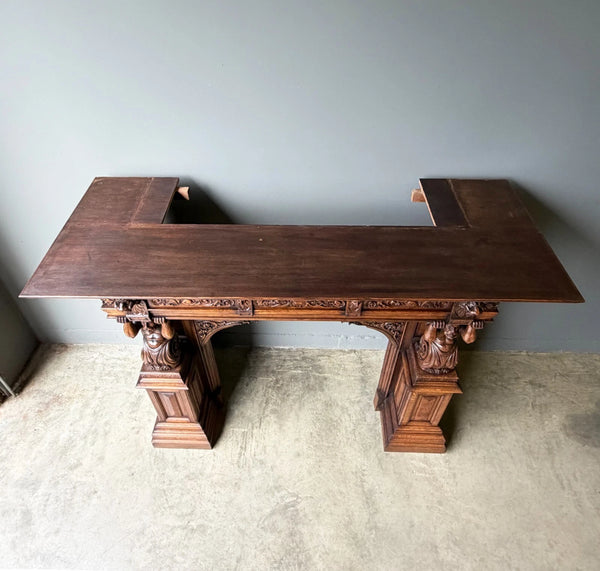 XL Vintage Renaissance Revival Oak Fireplace Surround/Mantel w/Carved Figures
