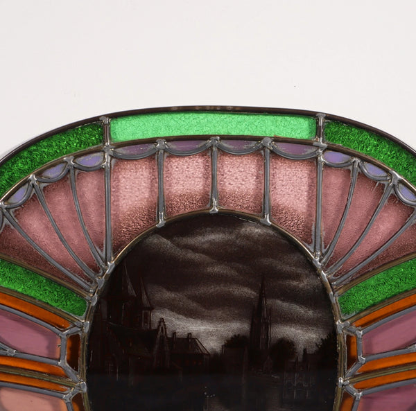 36" Wide Antique French Art Deco Stained Glass Panel of Bruges w/Copper Frame