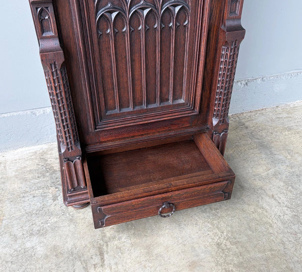 67" Tall French Antique Gothic Cabinet in Solid Oak Highly Carved Wood