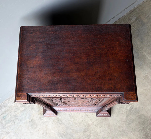 French Antique Solid Oak Wood Cabinet with Highly Carved Virgin Mary Door