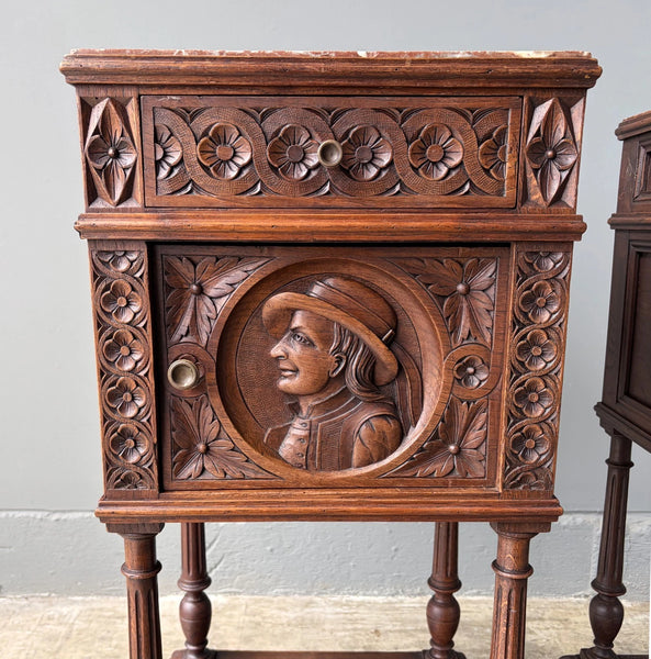 Pair of 34" Tall Antique French Breton Nightstands with Marble Tops in Chestnut