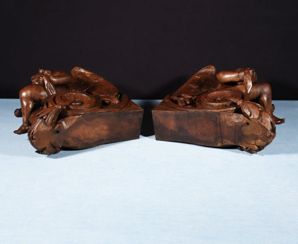 13" Tall Pair of French Antique Solid Walnut Wood Highly Carved Cherubs