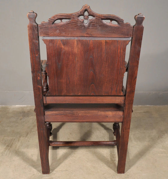 French Antique Gothic Revival Desk with Chair in Solid Carved Chestnut Wood