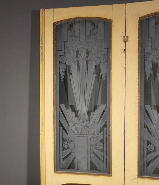 Pair of French Art Deco Etched Glass Doors Frosted Glass with Pine Frames