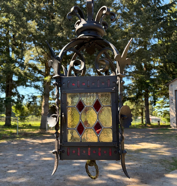 27" French Antique Gothic Iron & Stained Glass Hanging Chandelier/Pendant Lamp