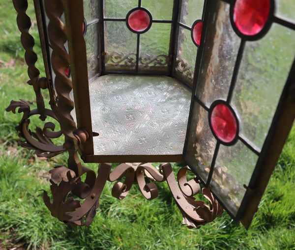 36" Tall XL French Antique Iron and Stained Glass Hanging Chandelier/Lamp