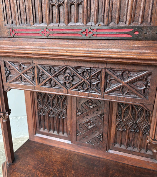 Antique French Gothic Revival Cabinet/Console/Sideboard,Highly Carved Oak Wood
