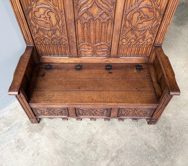 Vintage French Gothic Revival Oak Wood Bench/Settee/Chair Highly Carved