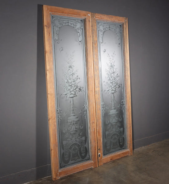 88" Tall Pair of Antique French Etched Glass Windows Frosted Glass with Flowers