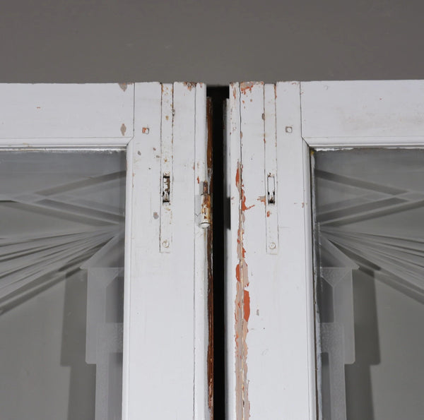 Pair of Antique French Art Deco Etched Glass Doors Frosted Glass w/Pine Frames