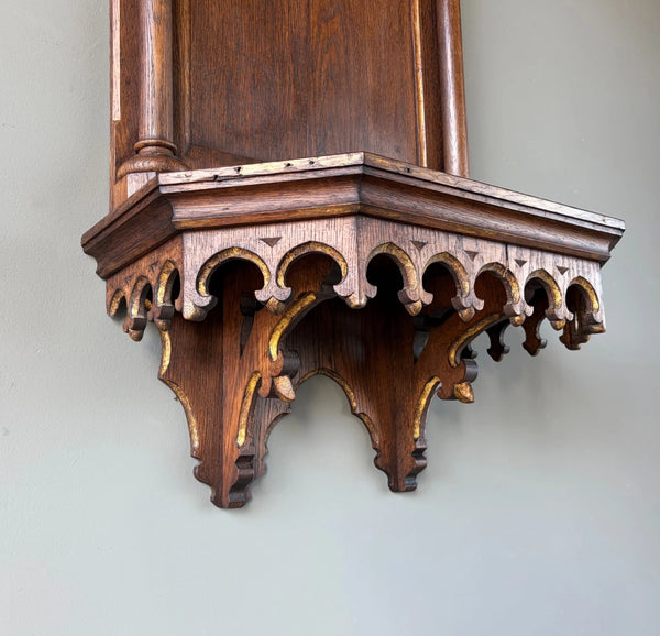 57" Tall French Antique Neo Gothic Solid Oak Highly Carved Wall Niche/Shrine
