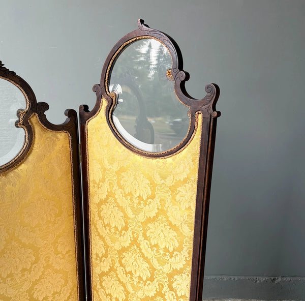 61" Tall Antique French Louis XV Rococo Tri-Fold Screen with Beveled Glass
