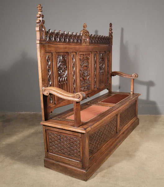 Antique French Gothic Revival Walnut Wood Bench/Settee/Chair Highly Carved