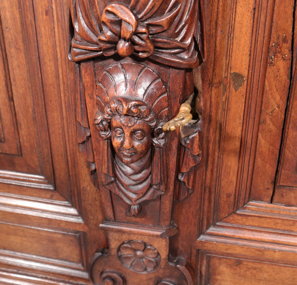 French Antique Solid Walnut Wood Neoclassical Gun Case/Cabinet with Carvings