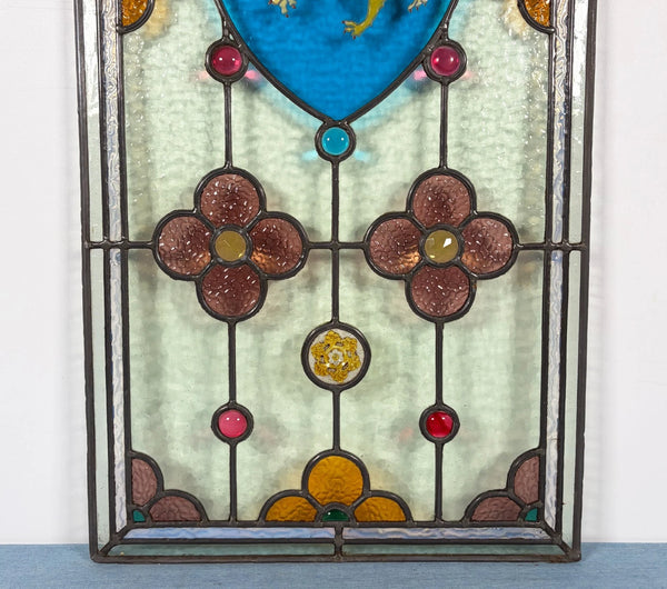 38" Tall Antique French Stained/Leaded Glass Panel w/Griffin and Uranium Glass