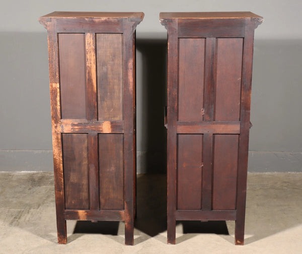 50" Tall Pair of Vintage French Solid Oak Wood Highly Carved Gothic Cabinets