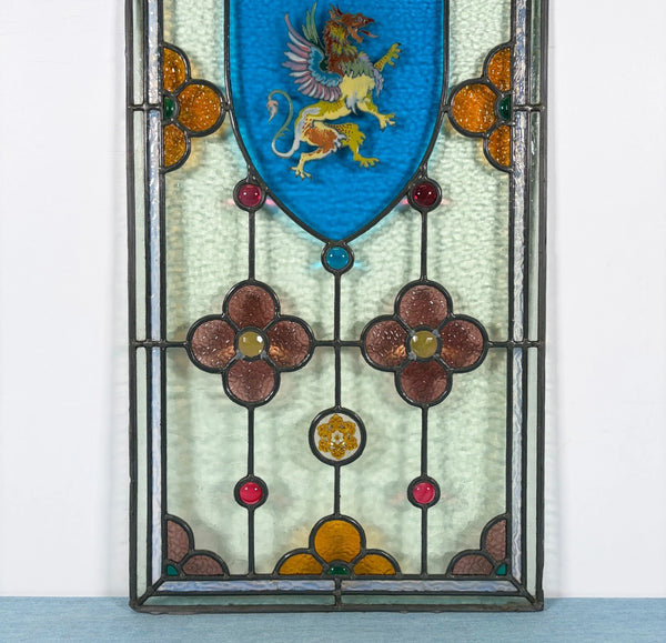 38" Tall Antique French Stained/Leaded Glass Panel w/Griffin and Uranium Glass