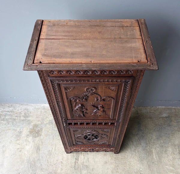 71" Tall French Antique Breton Cabinet in Solid Chestnut Wood w/Carved Figures