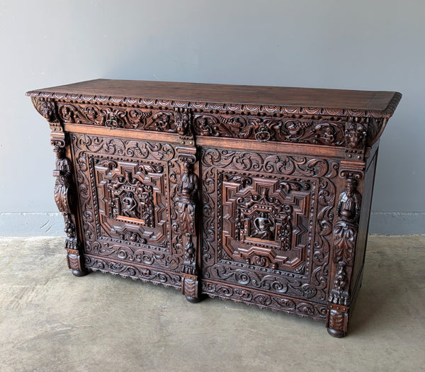 1700's Antique French Renaissance Sideboard in Solid Wood Oak Highly Carved