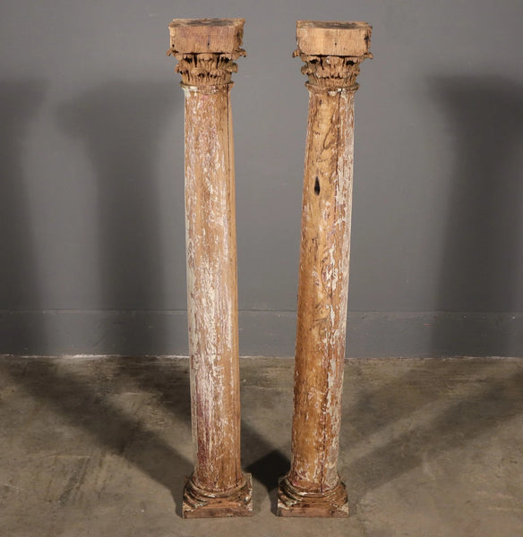 Antique French Solid Oak Highly Carved Corinthian Fireplace Side Pillars Rustic