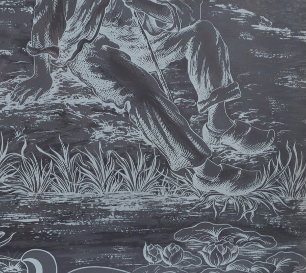 37" Tall Antique French Etched Glass Window with Rural Scene Man by the Water