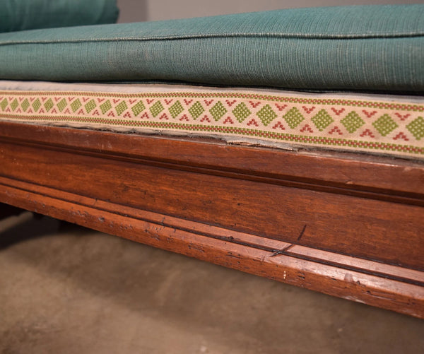 74" Long French Antique Neo Gothic Day Bed Solid Walnut with Green Silk Cushions