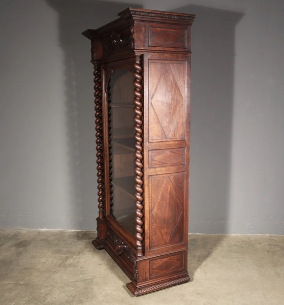 88" Tall French Antique Solid Oak Wood Bookcase/Display Case/Cabinet Carved