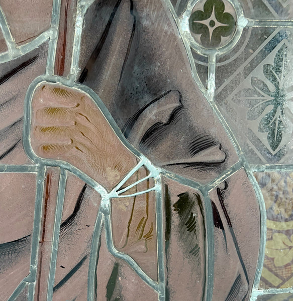 38" Wide Antique Stained/Leaded Glass Panel of Saint Highly Detailed