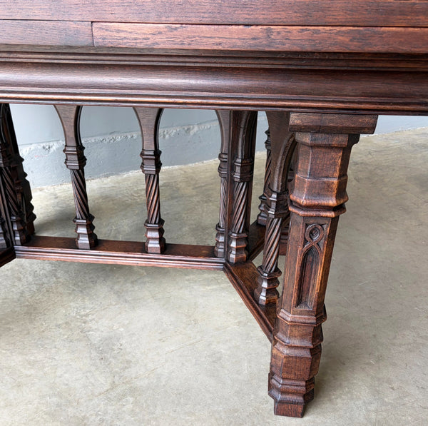Vintage French Gothic Dining Table in Solid Oak Wood with Highly Detailed Base