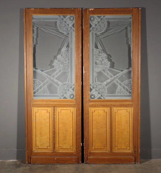 Pair of Antique French Art Deco Etched Glass Doors Frosted Glass w/Pine Frames