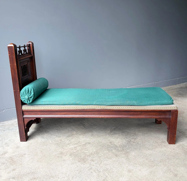 74" Long French Antique Neo Gothic Day Bed Solid Walnut with Green Silk Cushions