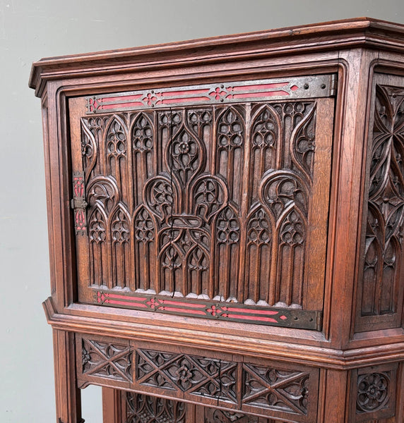 Antique French Gothic Revival Cabinet/Console/Sideboard,Highly Carved Oak Wood