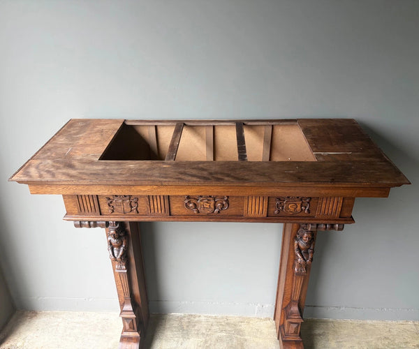 82" Large Vintage Renaissance Revival Oak Fireplace Surround/Mantel w/Figures