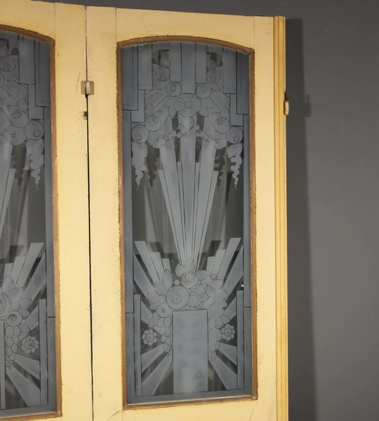 Pair of French Art Deco Etched Glass Doors Frosted Glass with Pine Frames