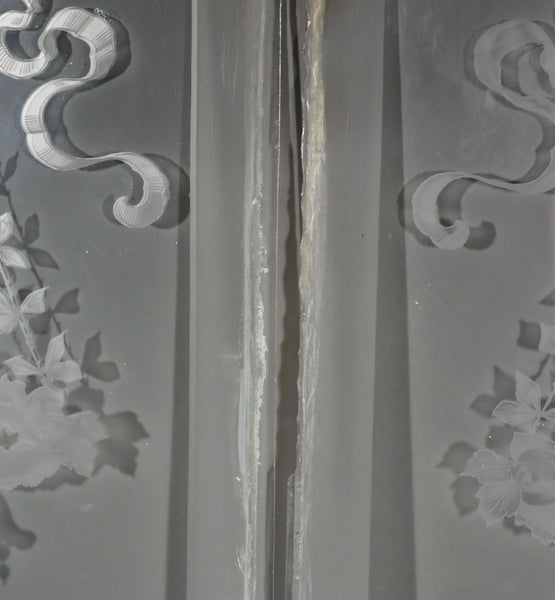 56" Tall Pair of Antique French Etched Glass Windows Frosted Glass with Flowers