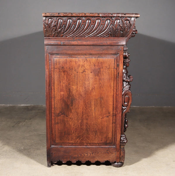 1700's Antique French Renaissance Sideboard in Solid Wood Oak Highly Carved