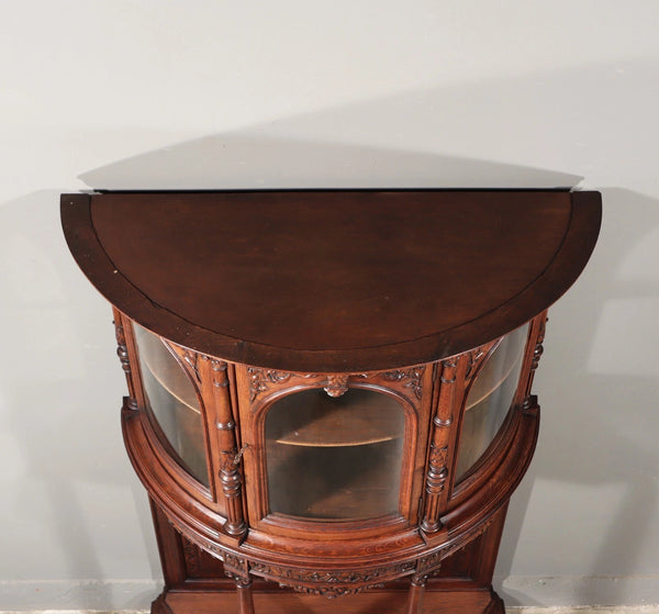 65" Tall Antique French Solid Oak Wood Renaissance Curved Display Case/Cabinet