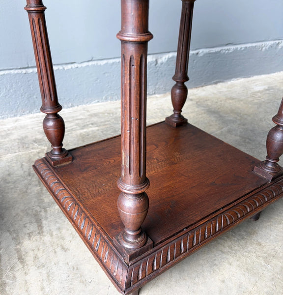 Pair of 34" Tall Antique French Breton Nightstands with Marble Tops in Chestnut