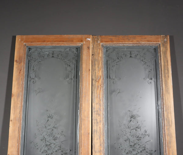88" Tall Pair of Antique French Etched Glass Windows Frosted Glass with Flowers