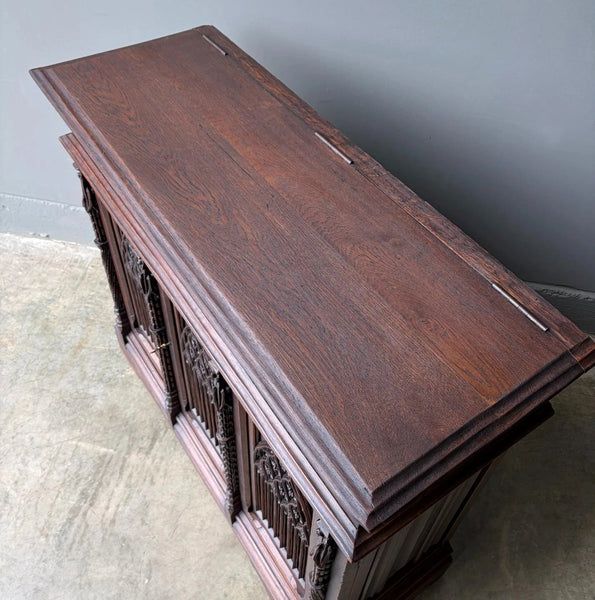 Antique French Gothic Revival Cabinet/Console/Sideboard, Highly Carved Oak