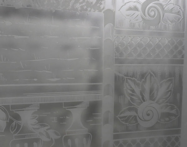 48" Tall Pair of Antique French Etched Glass Windows Frosted Glass with Birds