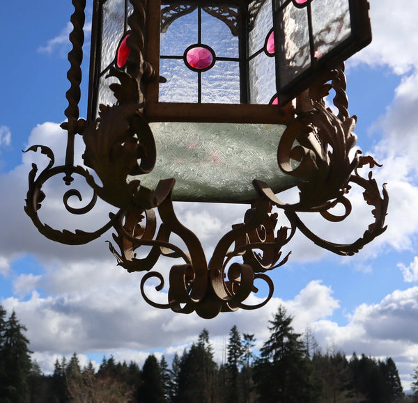 36" Tall XL French Antique Iron and Stained Glass Hanging Chandelier/Lamp