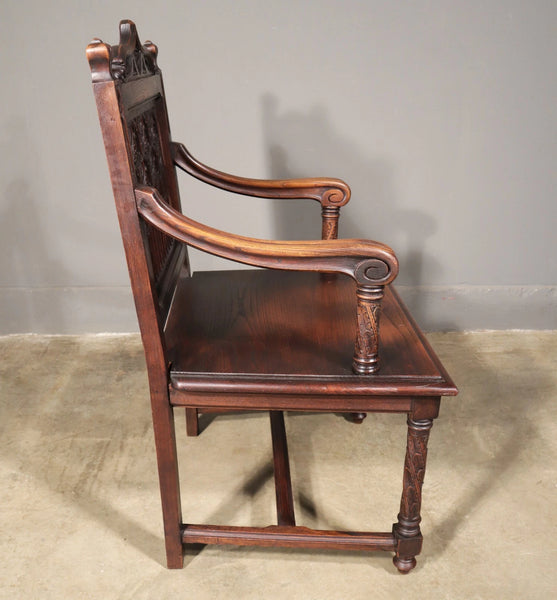 French Antique Gothic Revival Desk with Chair in Solid Carved Chestnut Wood
