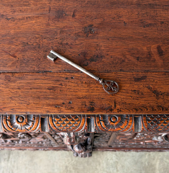 1700's Antique French Renaissance Sideboard in Solid Wood Oak Highly Carved