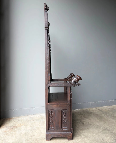 Late 1700's Antique French Gothic Throne Chair Bench/Settee/Chair Carved Oak