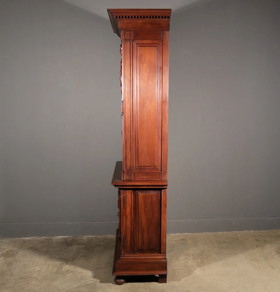 French Antique Solid Walnut Wood Neoclassical Gun Case/Cabinet with Carvings